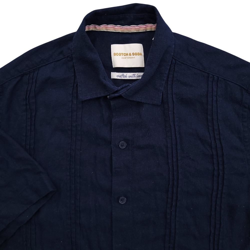 Scotch Soda Shirt Mens Small Navy Blue Linen Blend Pintucked Guayabera Button Up